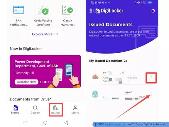 Digilocker interface To Delete Digilocker Account's Documents